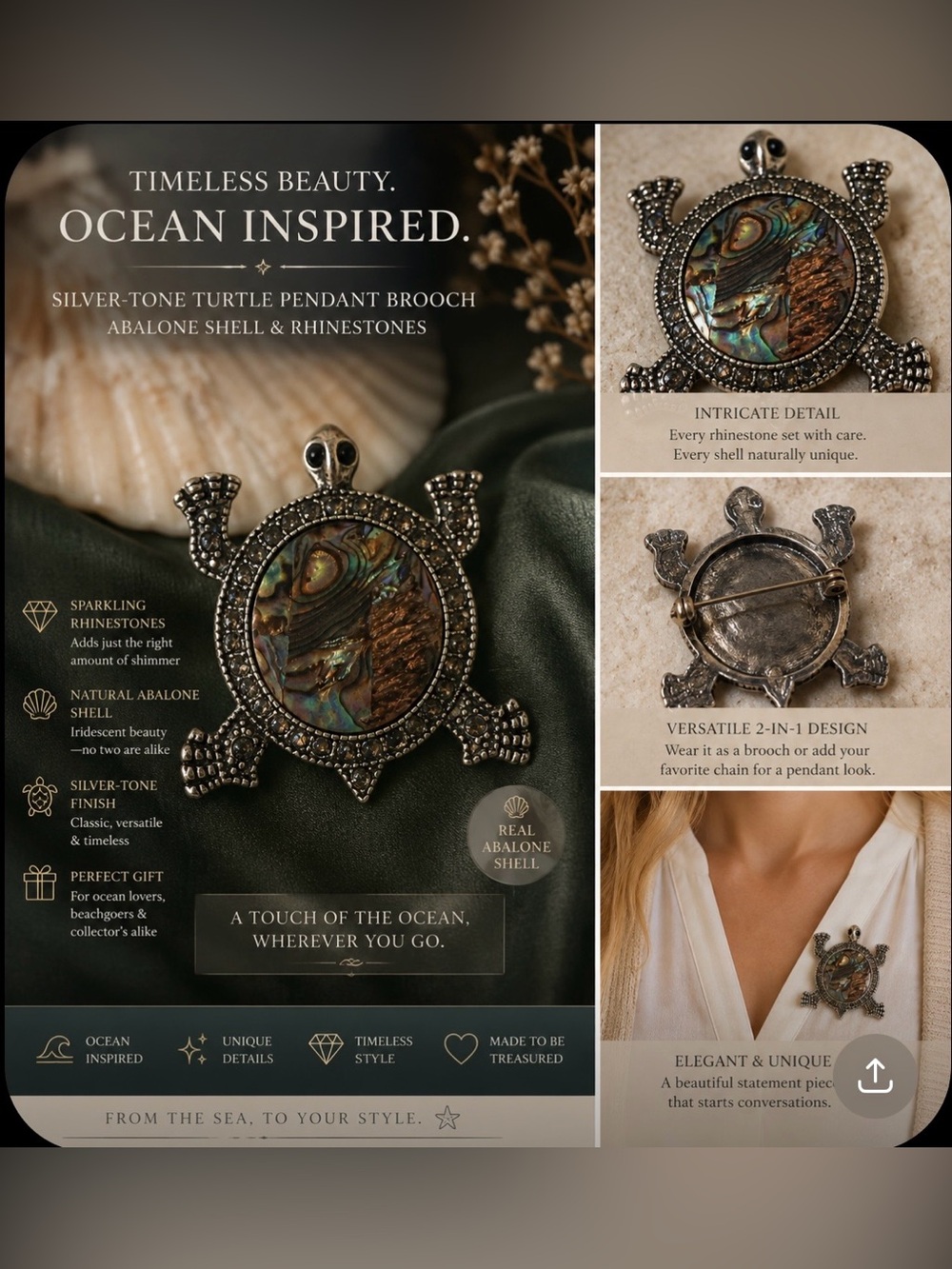 Silver-Tone Turtle Pendant Brooch ✨ Abalone Shell & Rhinestones